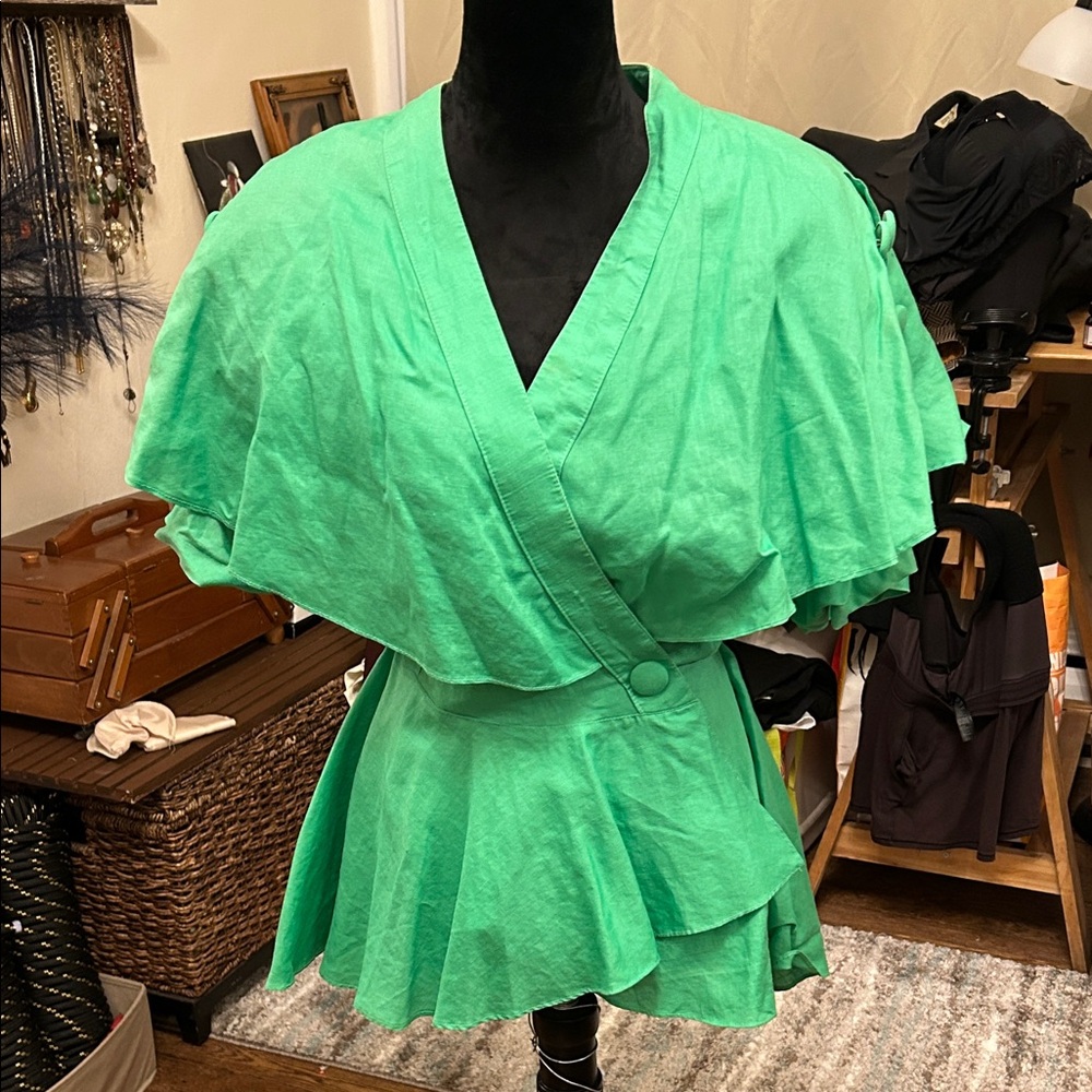 Green Wrap-Style Peplum Top
